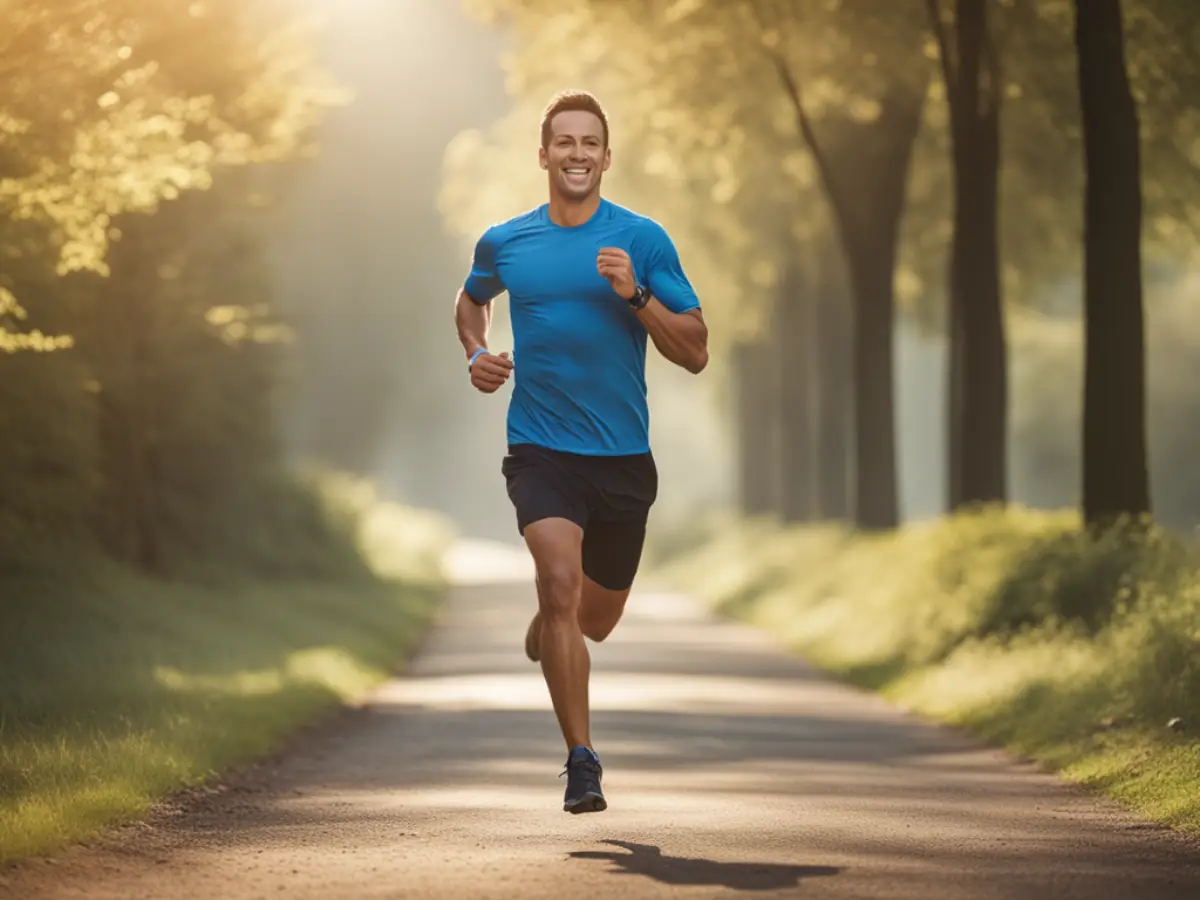 Man running outdoors to support healthy blood sugar levels