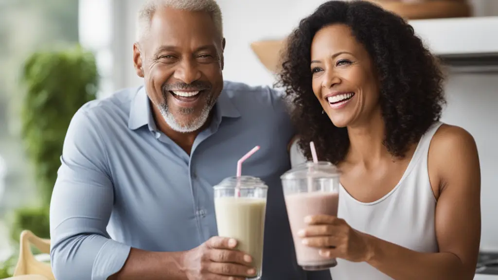 Healthy older couple enjoying protein shakes together