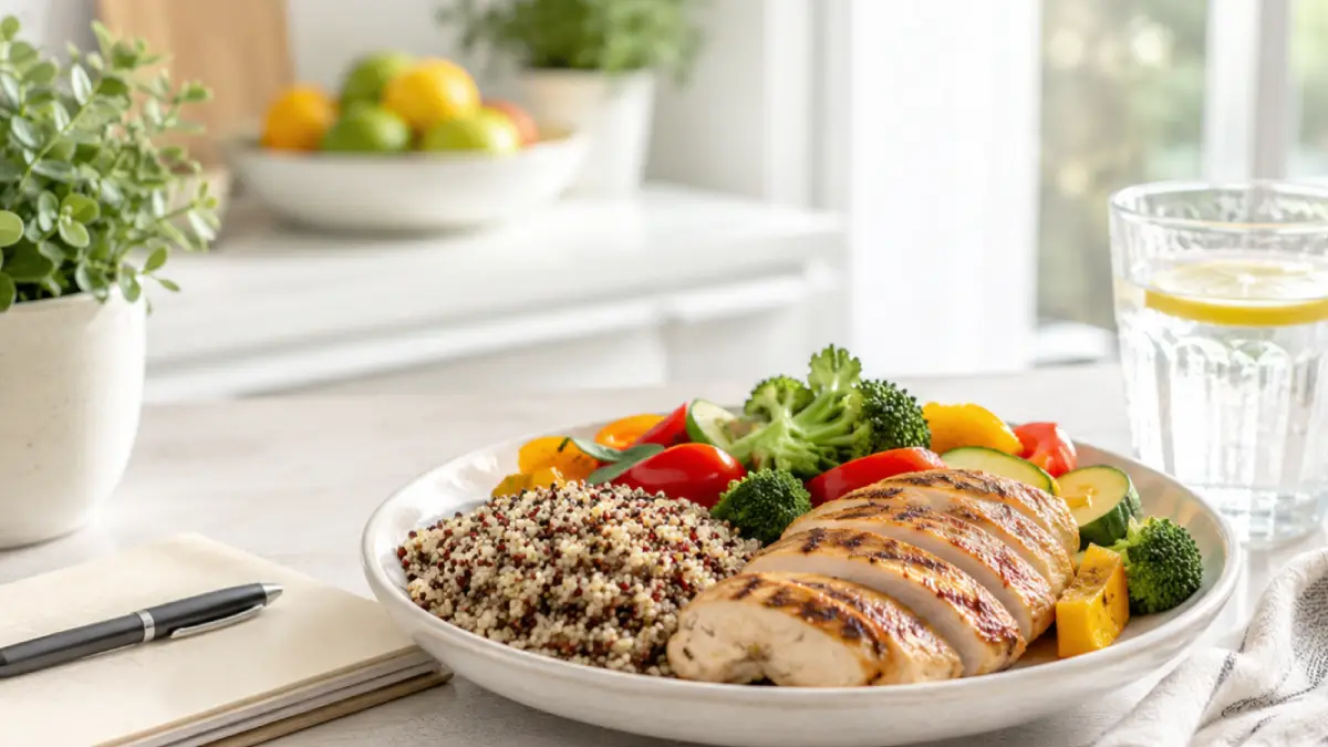 Balanced meal with grilled chicken, quinoa and colorful vegetables for a sustainable weight-loss plan
