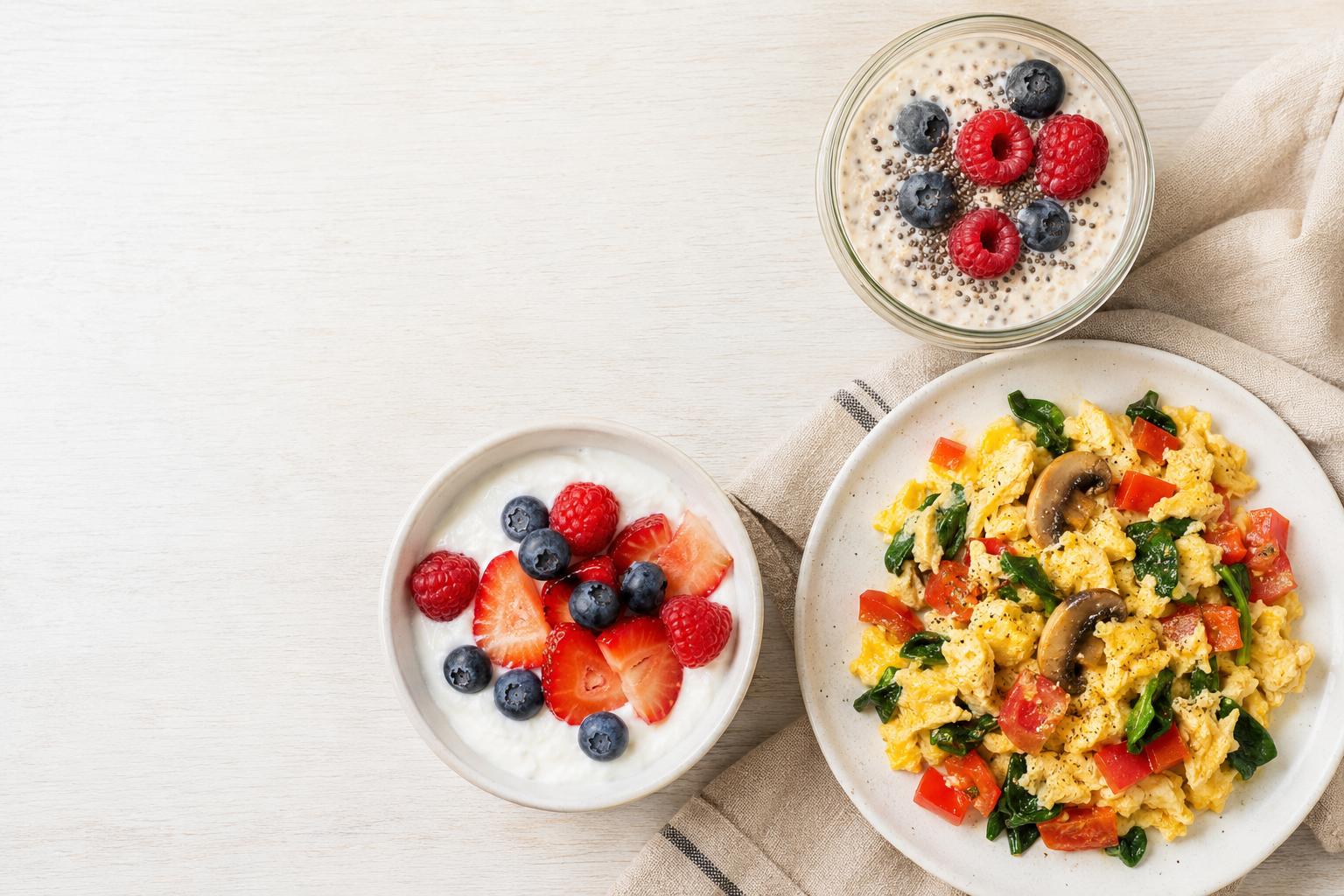 Greek yogurt, vegetable eggs, and overnight oats arranged as high-protein breakfast choices