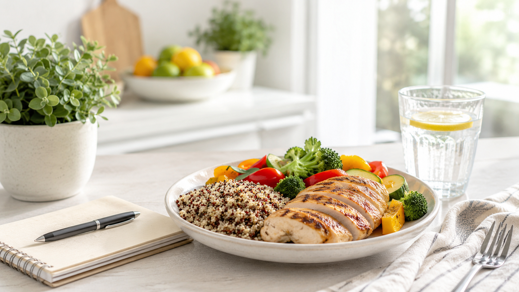 Balanced healthy meal with grilled chicken, quinoa, fresh vegetables, lemon water, and a notebook for a simple weight loss plan.