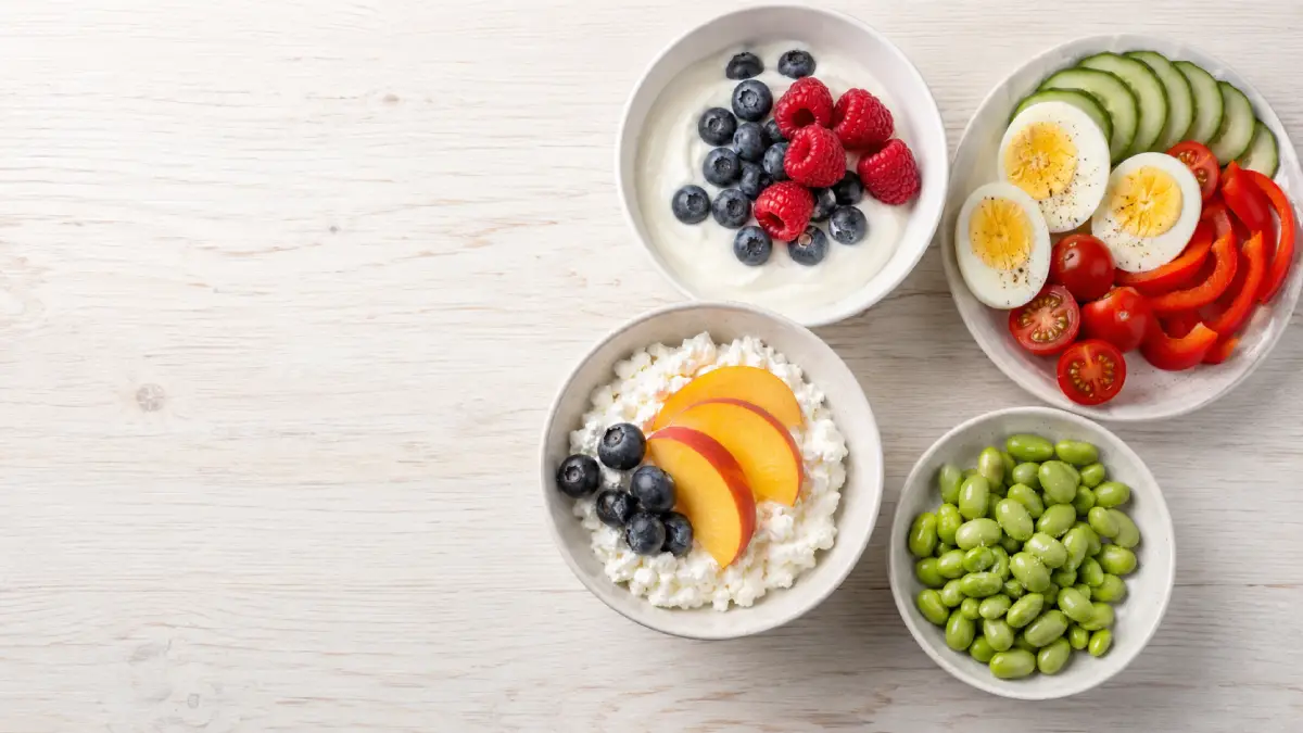 Greek yogurt, eggs, cottage cheese and edamame arranged as high-protein snacks