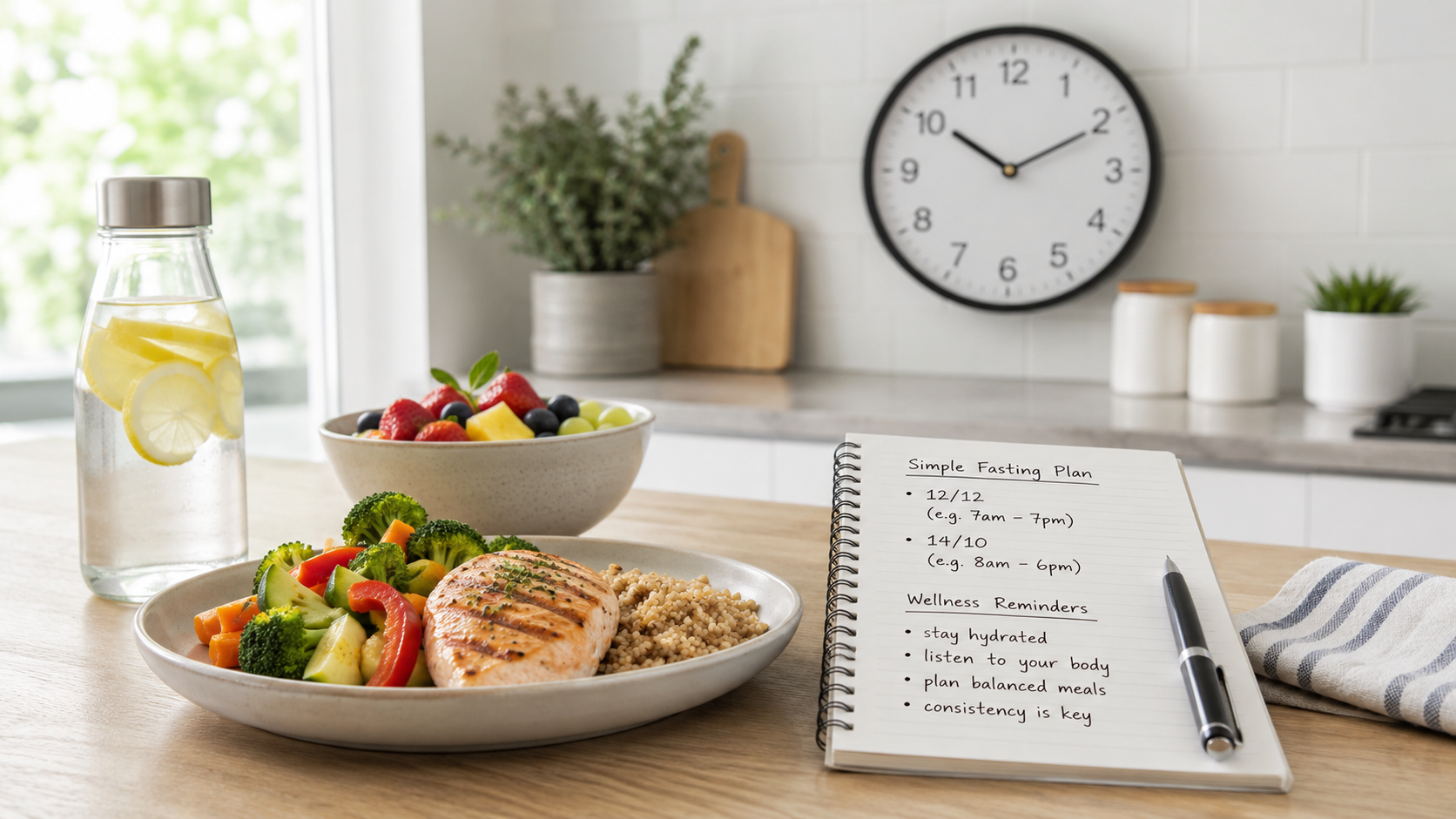Healthy meal with lemon water, fruit, and a simple intermittent fasting plan notebook on a bright kitchen counter.