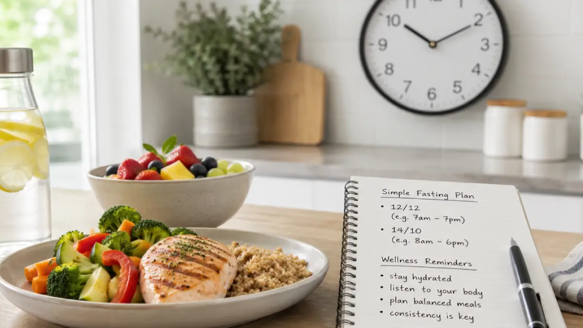 Healthy meal beside a clock representing intermittent fasting for weight loss