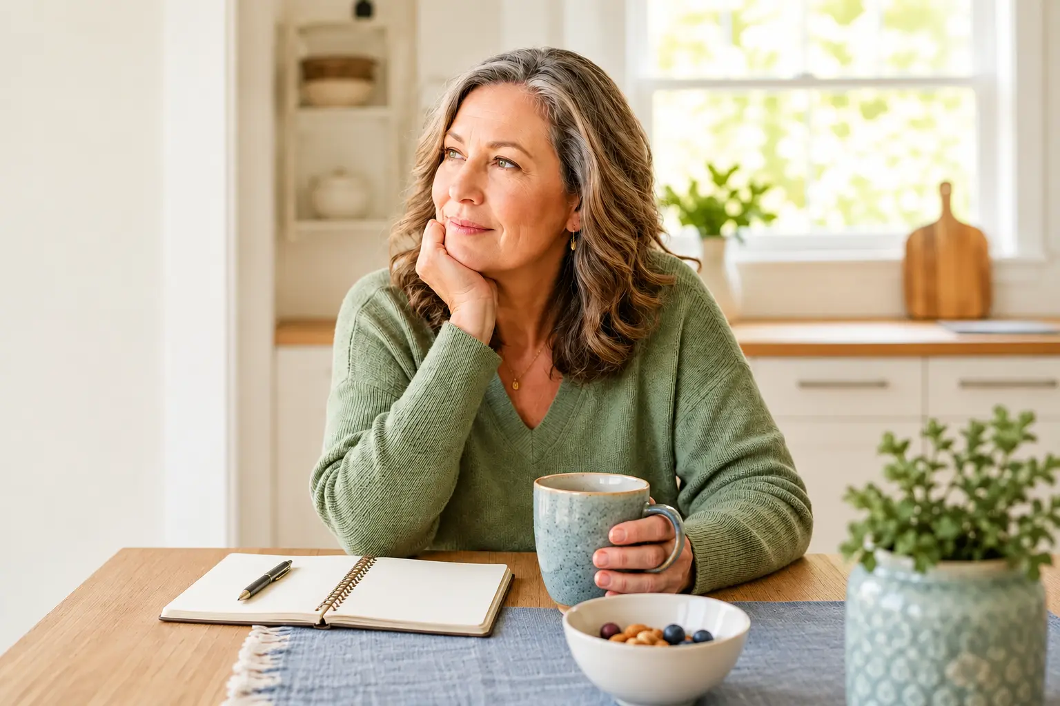 Woman pausing thoughtfully with a journal and warm drink while practicing emotional eating strategies for weight loss