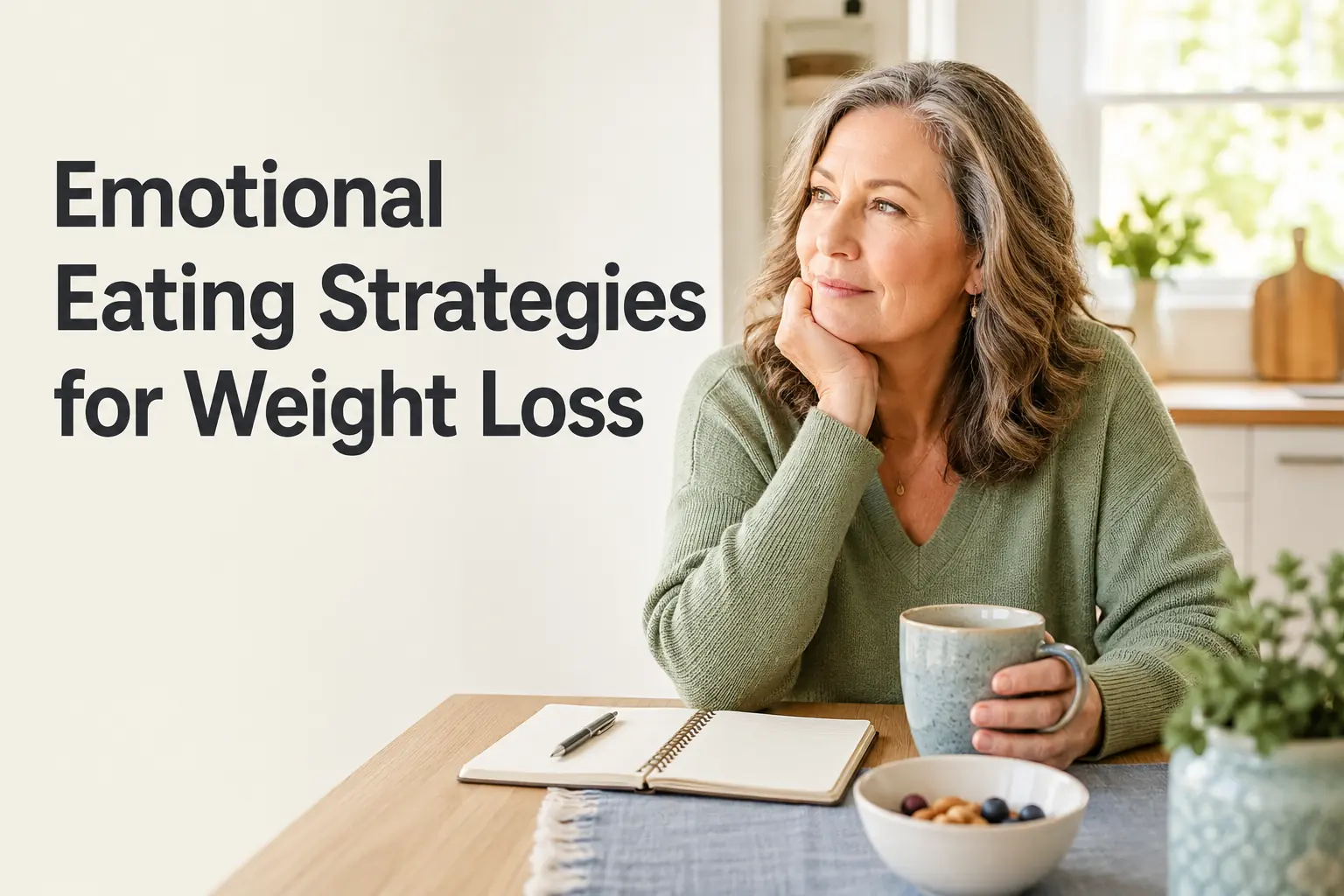 Woman pausing thoughtfully with a journal and warm drink while practicing emotional eating strategies for weight loss