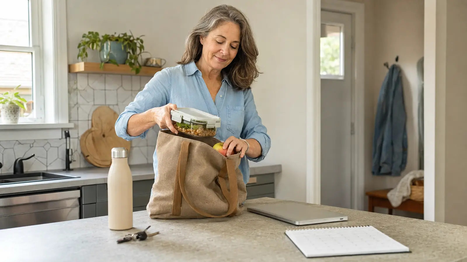 Woman packing a simple lunch and fruit into a work bag at a kitchen counter.