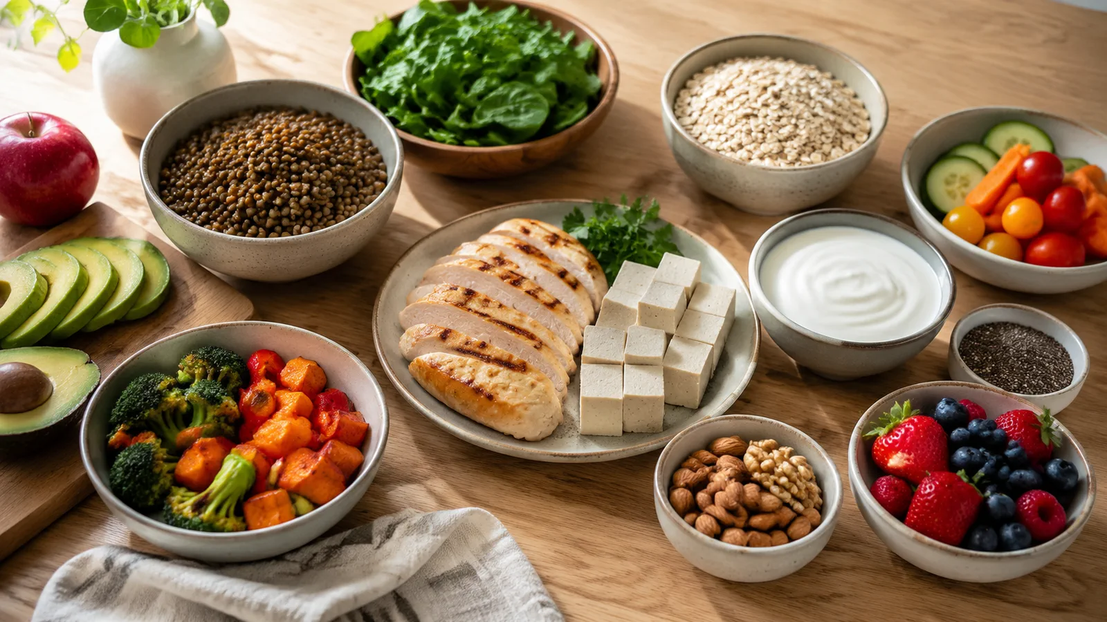 Chicken, tofu, lentils, oats, yogurt, fruit, vegetables, nuts, and seeds arranged for flexible meals.