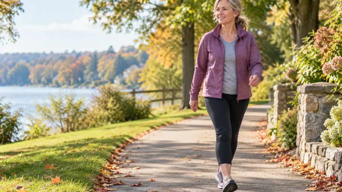 Woman walking on a tree-lined path as part of a beginner walking routine