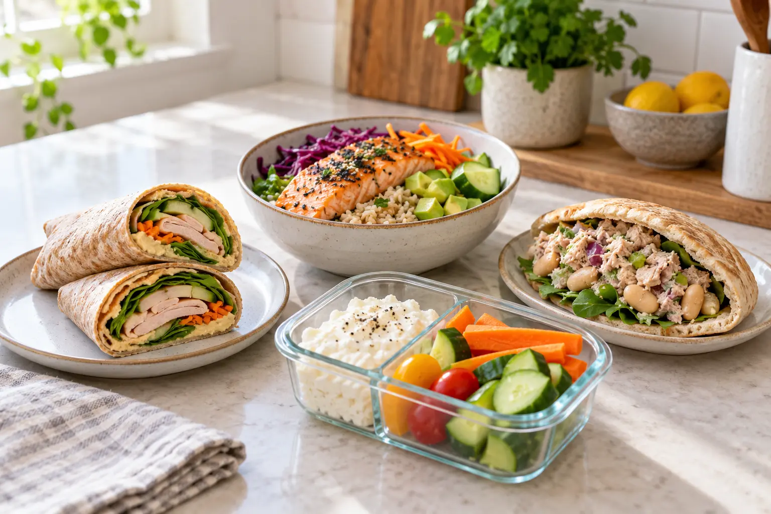 A variety of high-protein packed lunches including a wrap, salmon bowl, pita and cottage cheese snack box.