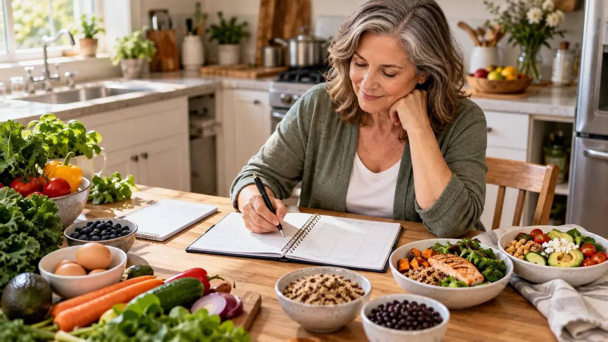 Woman planning balanced weekly meals with fresh vegetables, grains, beans, eggs, and prepared dishes.
