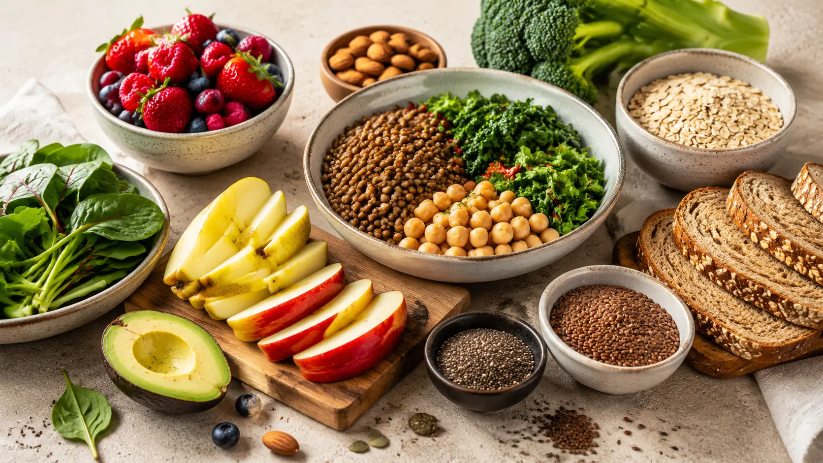 High-fiber foods including lentils, chickpeas, berries, leafy greens, oats, whole-grain bread, nuts, seeds, apples, and avocado