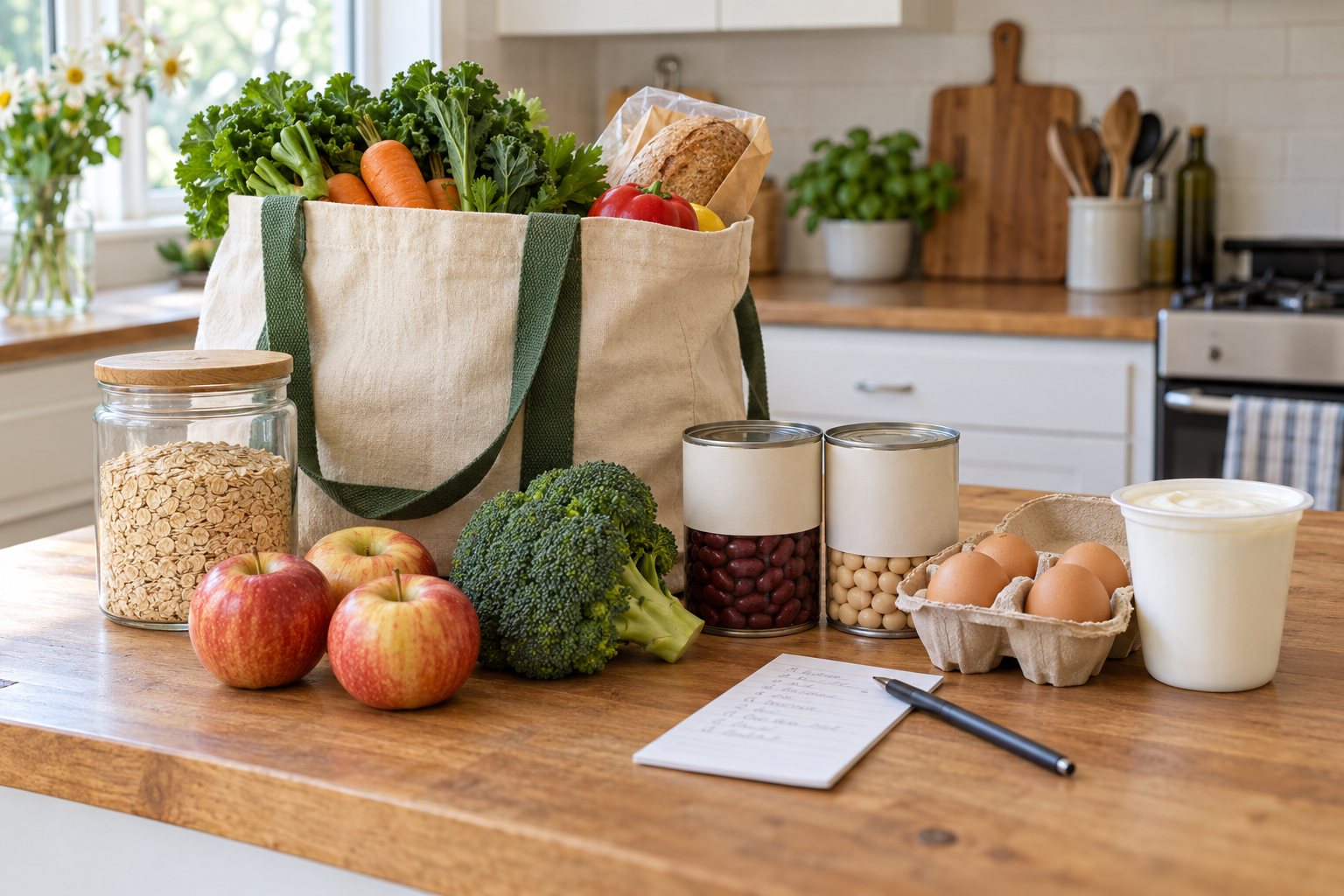 Shopping list beside a reusable grocery bag, oats, apples, broccoli, beans, eggs and yogurt