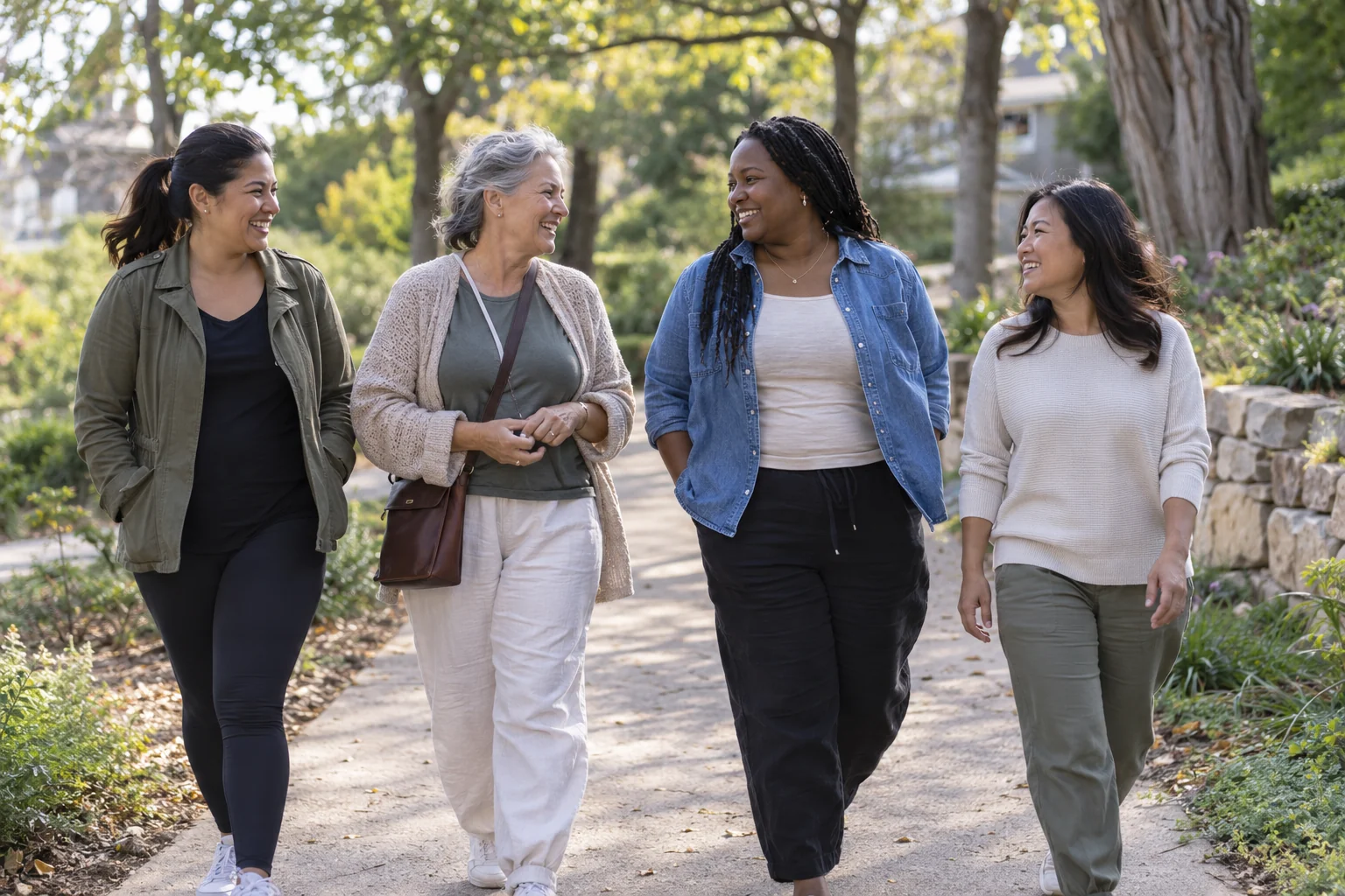Women of varied ages and body sizes taking a relaxed walk together in a neighborhood park